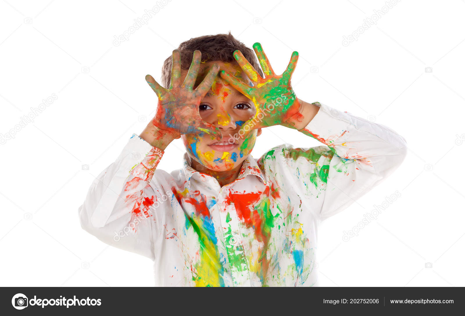 Funny African Boy Face Hands Covered Paint Isolated White Background