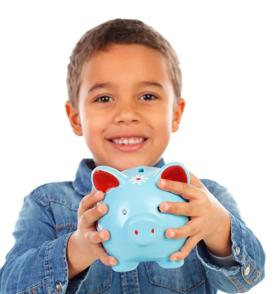 Cute Little African Boy Denim Shirt Holding Blue Piggy Bank — Stock Photo, Image