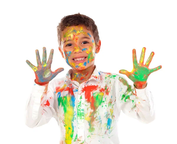 Zabawny African Chłopiec Twarzy Rąk Pokryte Farbą Białym Tle — Zdjęcie stockowe