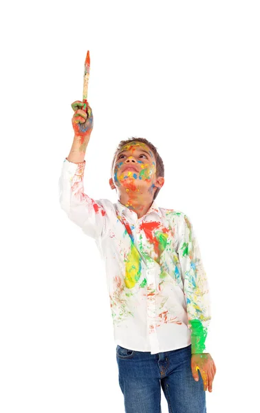 Zabawny African Chłopiec Twarzy Rąk Pokryte Farba Trzyma Pędzel Izolowana — Zdjęcie stockowe