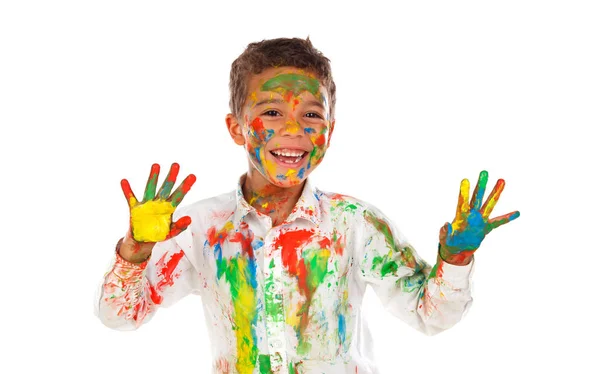 Rolig Liten Pojke Med Ansikte Och Händer Täckt Med Färg — Stockfoto