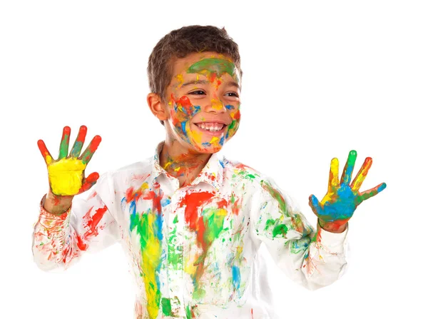 Rolig Liten Pojke Med Ansikte Och Händer Täckt Med Färg — Stockfoto
