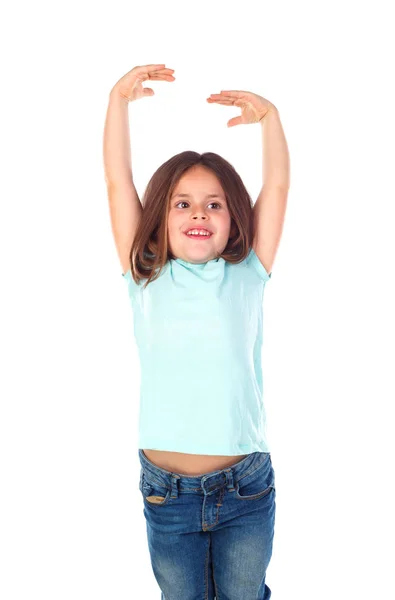 Menina Feliz Mostrando Seu Crescimento Isolado Fundo Branco — Fotografia de Stock