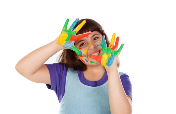 Menina Engraçada Com Rosto Mãos Cobertas Com Tinta Isolada Fundo — Fotografia de Stock