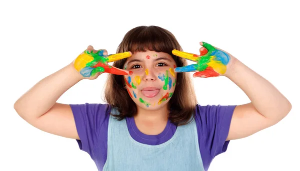 Grappig Meisje Met Gezicht Handen Bedekt Met Verf Geïsoleerd Witte — Stockfoto