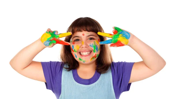 Menina Engraçada Com Rosto Mãos Cobertas Com Tinta Isolada Fundo — Fotografia de Stock