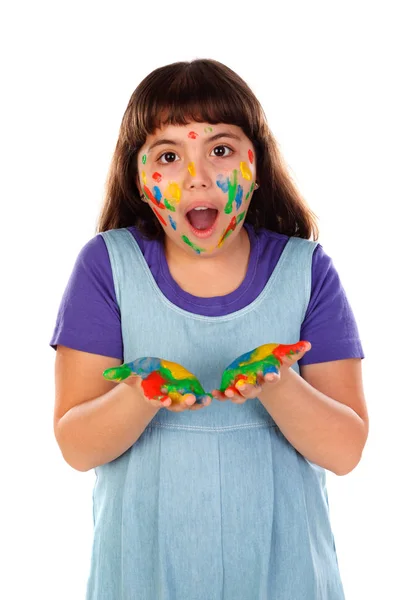 Funny Girl Face Hands Covered Paint Isolated White Background — Stock Photo, Image