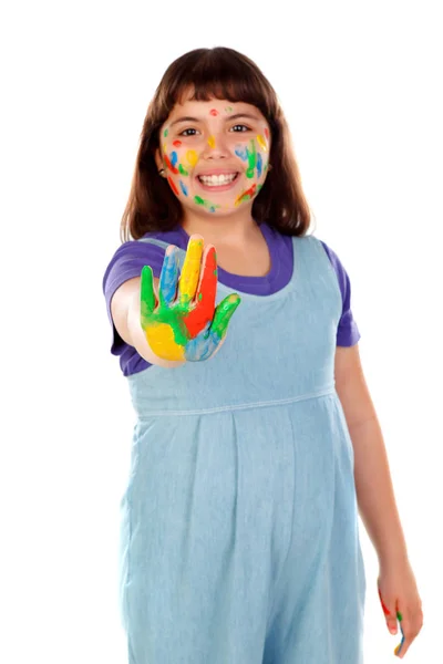 Lustiges Mädchen Mit Gesicht Und Hand Mit Farbe Isoliert Auf — Stockfoto