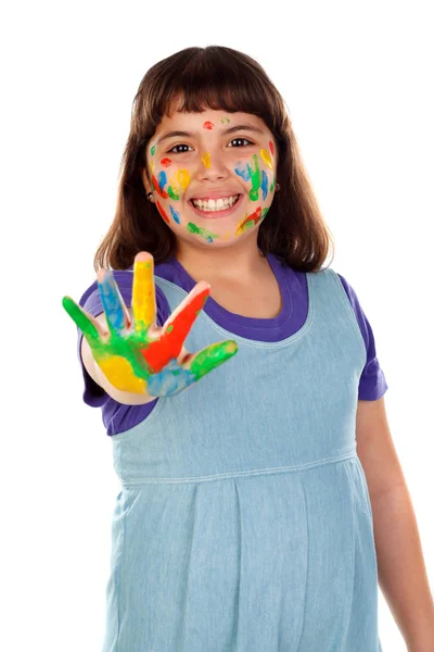 Zabawna Dziewczyna Twarzy Dłoni Pokryte Farbą Białym Tle — Zdjęcie stockowe