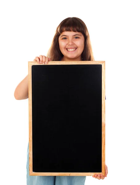 快乐的小女孩显示空白学校黑板隔离在白色背景上 — 图库照片