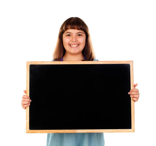 幸せな小さな女の子表示空白学校黒板ホワイト バック グラウンド上に分離 — ストック写真