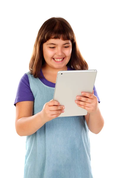 Bonito Sorrindo Menina Segurando Tablet Isolado Fundo Branco — Fotografia de Stock
