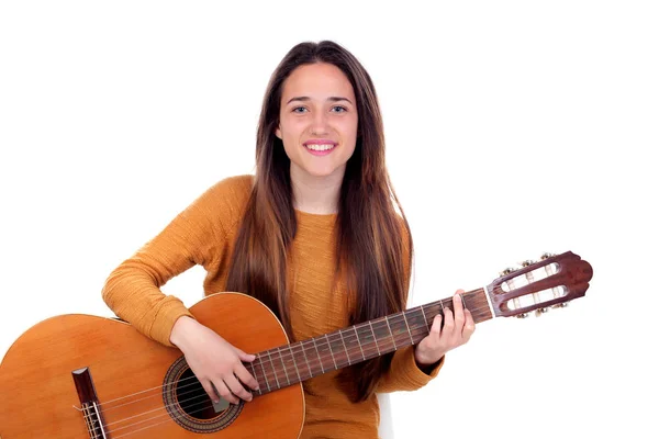 Adolescente Menina Tocando Guitarra Isolada Fundo Branco — Fotografia de Stock