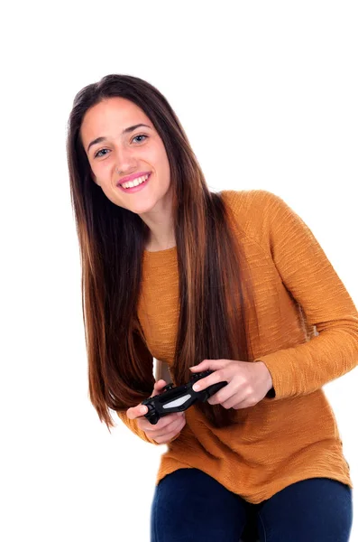 Teenager Girl Playing Joystick Isolated White Background — Stock Photo, Image