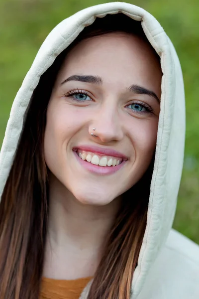 Sheltered Happy Teenage Girl Hood Scarf Park — Stock Photo, Image