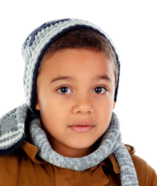 Cute Happy Little African Boy Warm Sweater Wool Scarf Isolated Stock Picture
