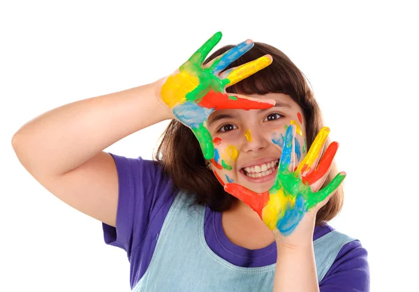 Funny Girl Face Hands Covered Paint Isolated White Background Stock Picture