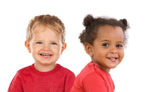 Niedlich Glücklich Kleine Junge Und Mädchen Isoliert Auf Weißem Hintergrund — Stockfoto
