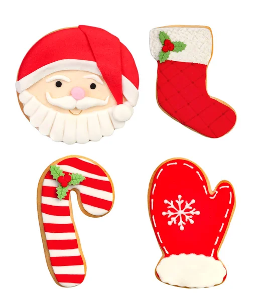 Σύνολο Των Κόκκινων Αστεία Cookies Για Χριστούγεννα Που Απομονώνονται Λευκό — Φωτογραφία Αρχείου