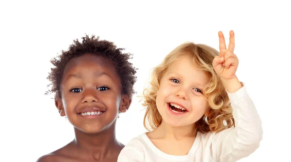 Couple Children Doing Jokes Isolated White Background — Stock Photo, Image