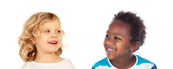 Duas Crianças Engraçadas Rindo Isoladas Fundo Branco — Fotografia de Stock