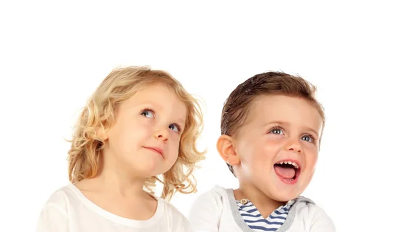 Dos Niños Rubios Mirando Hacia Arriba Aislados Fondo Blanco — Foto de Stock