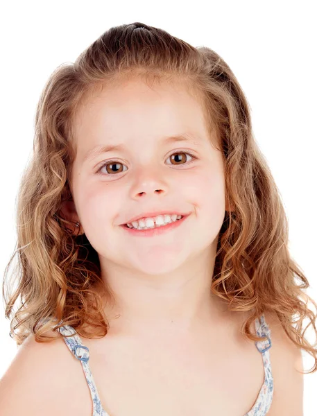 Glückliches Kleines Mädchen Mit Blonden Haaren Auf Weißem Hintergrund — Stockfoto