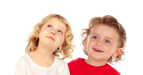 Duas Crianças Loiras Olhando Para Cima Isolado Fundo Branco — Fotografia de Stock