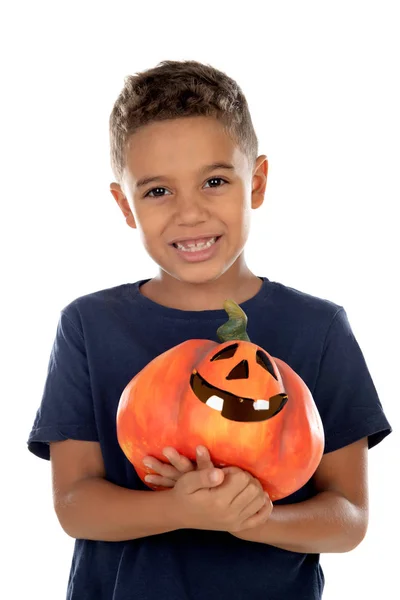 Happy Latin Boy Holding Big Pumpkin Isolated White Background — Stock Photo, Image