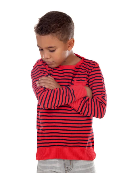 Criança Triste Com Camiseta Listrada Vermelha Isolada Fundo Branco — Fotografia de Stock