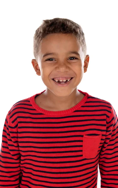 Bela Criança Latina Com Camisa Listrada Vermelha Isolada Fundo Branco — Fotografia de Stock