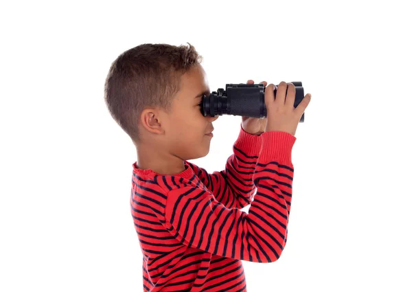 Latijn Kind Zoek Door Verrekijker Geïsoleerd Een Witte Achtergrond — Stockfoto
