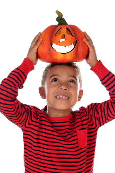 Happy Latin Boy Holding Big Pumpkin Isolated White Background — Stock Photo, Image