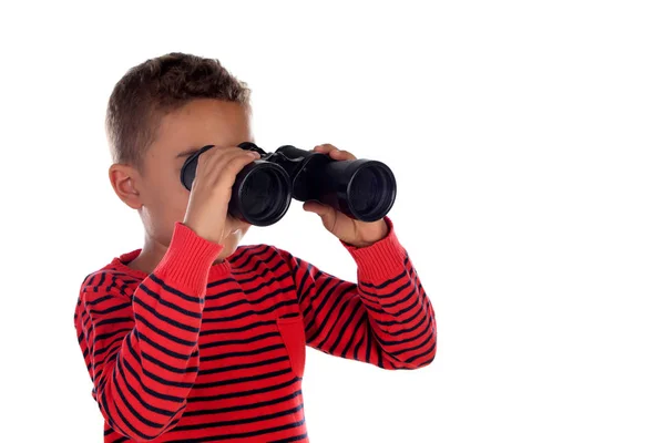 Latijn Kind Zoek Door Verrekijker Geïsoleerd Een Witte Achtergrond — Stockfoto