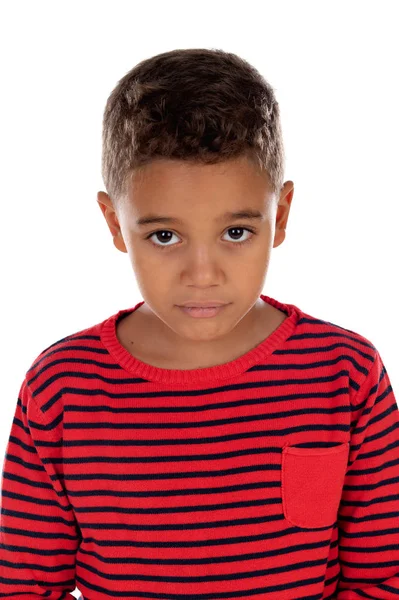 Sad Child Red Striped Shirt Isolated White Background — Stock Photo, Image