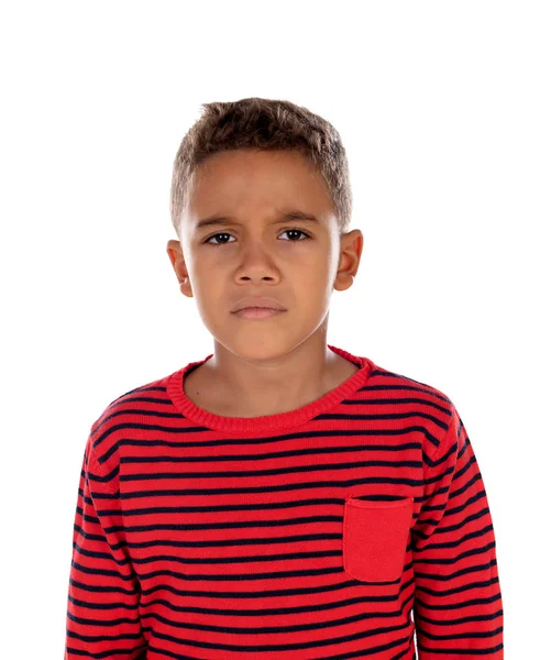 悲伤的孩子与红色条纹 T恤查出在白色背景 — 图库照片