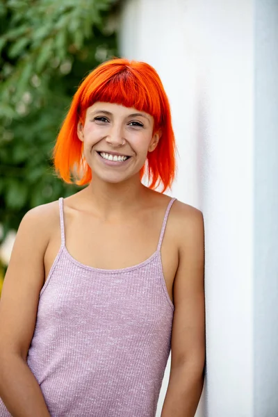 Funny Young Woman Pink Shirt Orange Hair — Stock Photo, Image