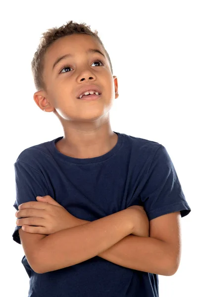 Nachdenkliches Kleines Kind Mit Blauem Shirt Auf Weißem Hintergrund — Stockfoto