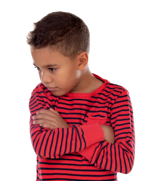 Criança Triste Com Camiseta Listrada Vermelha Isolada Fundo Branco — Fotografia de Stock