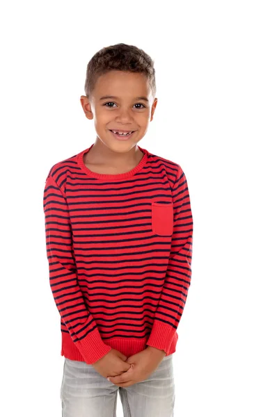 Beautiful Latin Child Red Striped Shirt Isolated White Background — Stock Photo, Image