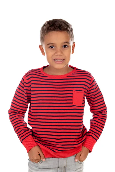Beautiful Latin Child Red Striped Shirt Isolated White Background — Stock Photo, Image