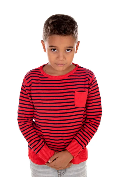 悲伤的孩子与红色条纹 T恤查出在白色背景 — 图库照片