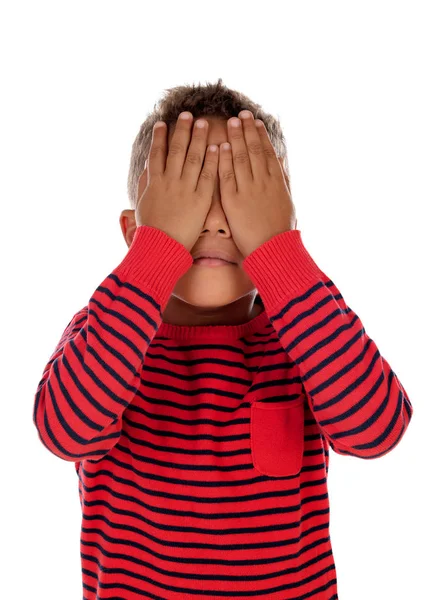 Μικρό Παιδί Λατινική Καλύπτουν Μάτια Τους Απομονωθεί Λευκό Φόντο — Φωτογραφία Αρχείου