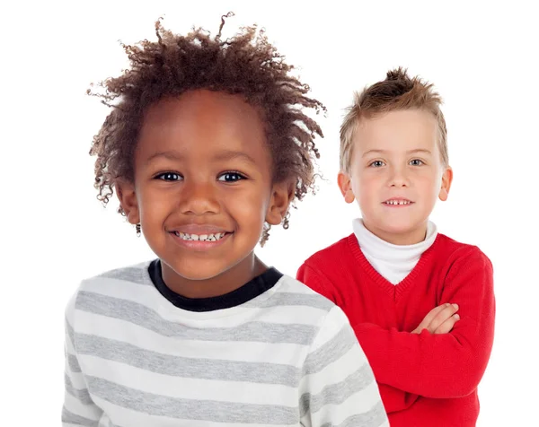 Dos Niños Divertidos Riendo Aislados Fondo Blanco — Foto de Stock