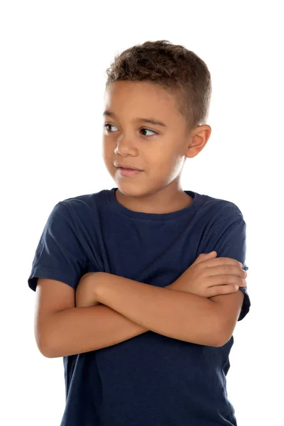 Nadenkend Klein Kind Met Blauw Shirt Geïsoleerd Een Witte Achtergrond — Stockfoto