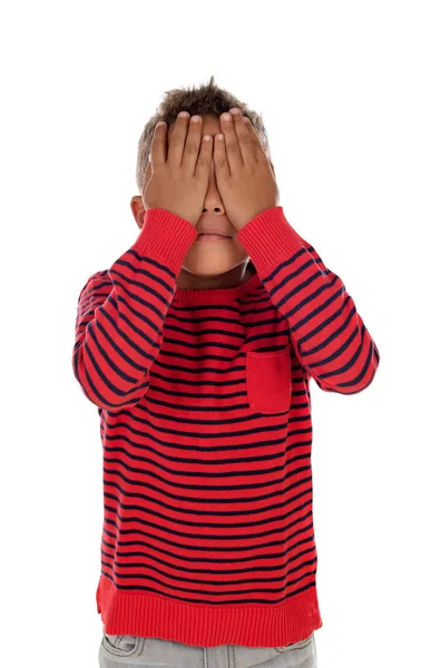 Criança Latina Pequena Cobrindo Seus Olhos Isolados Fundo Branco — Fotografia de Stock