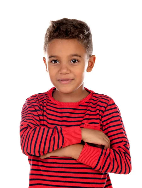 Mooie Latijns Kind Met Rode Gestreepte Shirt Geïsoleerd Een Witte — Stockfoto