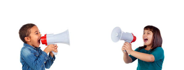 Funny children shouting through a megaphone isolated on white background