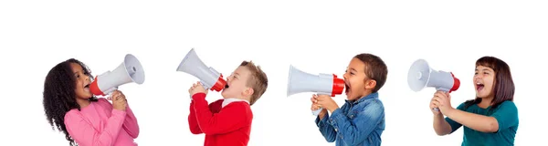 Roliga Barn Skrika Genom Megafon Till Sin Vän Isolerad Vit — Stockfoto