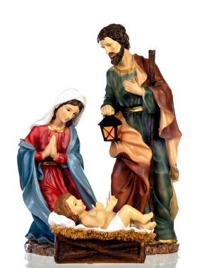Doğuş sahne: Mary, Joseph ve İsa bebek beyaz bir arka plan üzerinde izole
